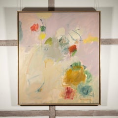 Drift - Zeitgenössisches helles abstraktes Ölgemälde, Rosa, Gelb + Weiß