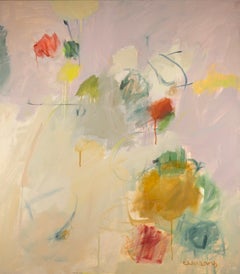 Drift - Zeitgenössisches helles abstraktes Ölgemälde, Rosa, Gelb + Weiß