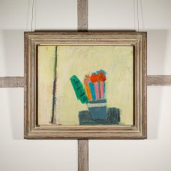 Maceta Gris - Blanco Bodegón Contemporáneo con Planta Colorida en Maceta