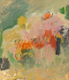 Sticking Together - Zeitgenössisches abstraktes Ölgemälde, Rosa, Weiß + Grün