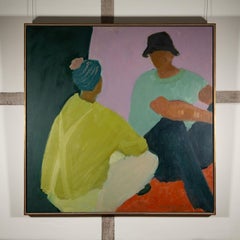 Two Seated Figures - Contemporary Green + Purple Oil Painting