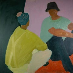 Two Seated Figures - Contemporary Green + Purple Oil Painting