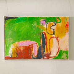 Valentine - Large Contemporary Abstract Oil Painting, Green, Red + Yellow