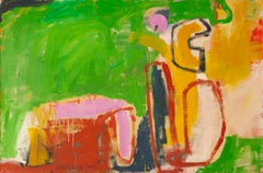 Valentine - Large Contemporary Abstract Oil Painting, Green, Red + Yellow