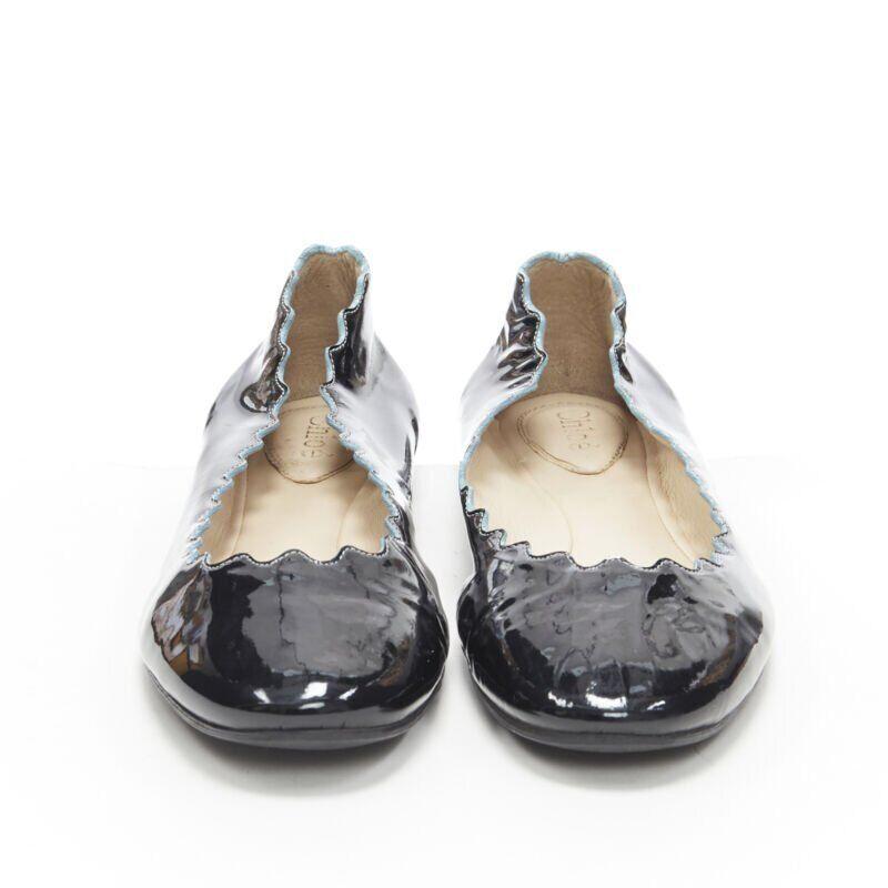 CHLOE Lauren  black patent leather scalloped edge round toe ballet flats EU35 In Fair Condition In Hong Kong, NT