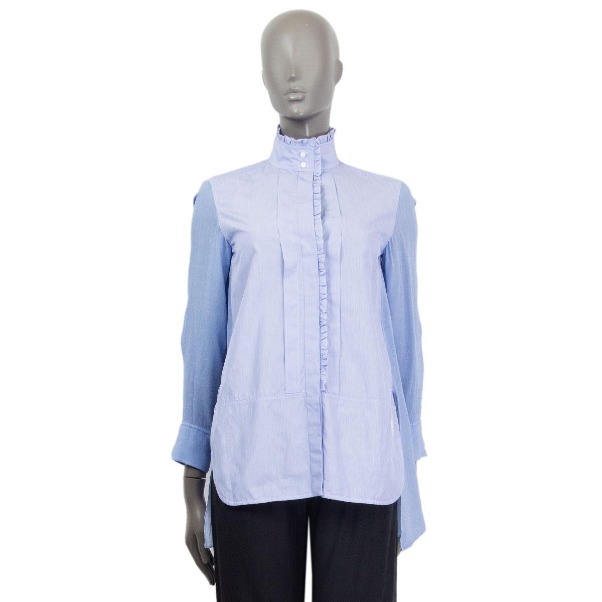 100% authentic Chloé ruched hem shirt in lavender blue striped cotton (100%) front and sleeves and back in viscose (100%). Stand-up collar and slits on the side. White C embroidery at front. Shirt is slightly longer at the back. Closes with