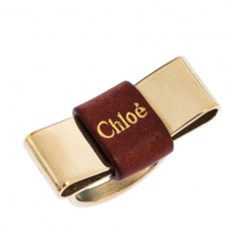 Chloe Leather Bow Motif Gold Tone Ring Taille 54 en vente 1