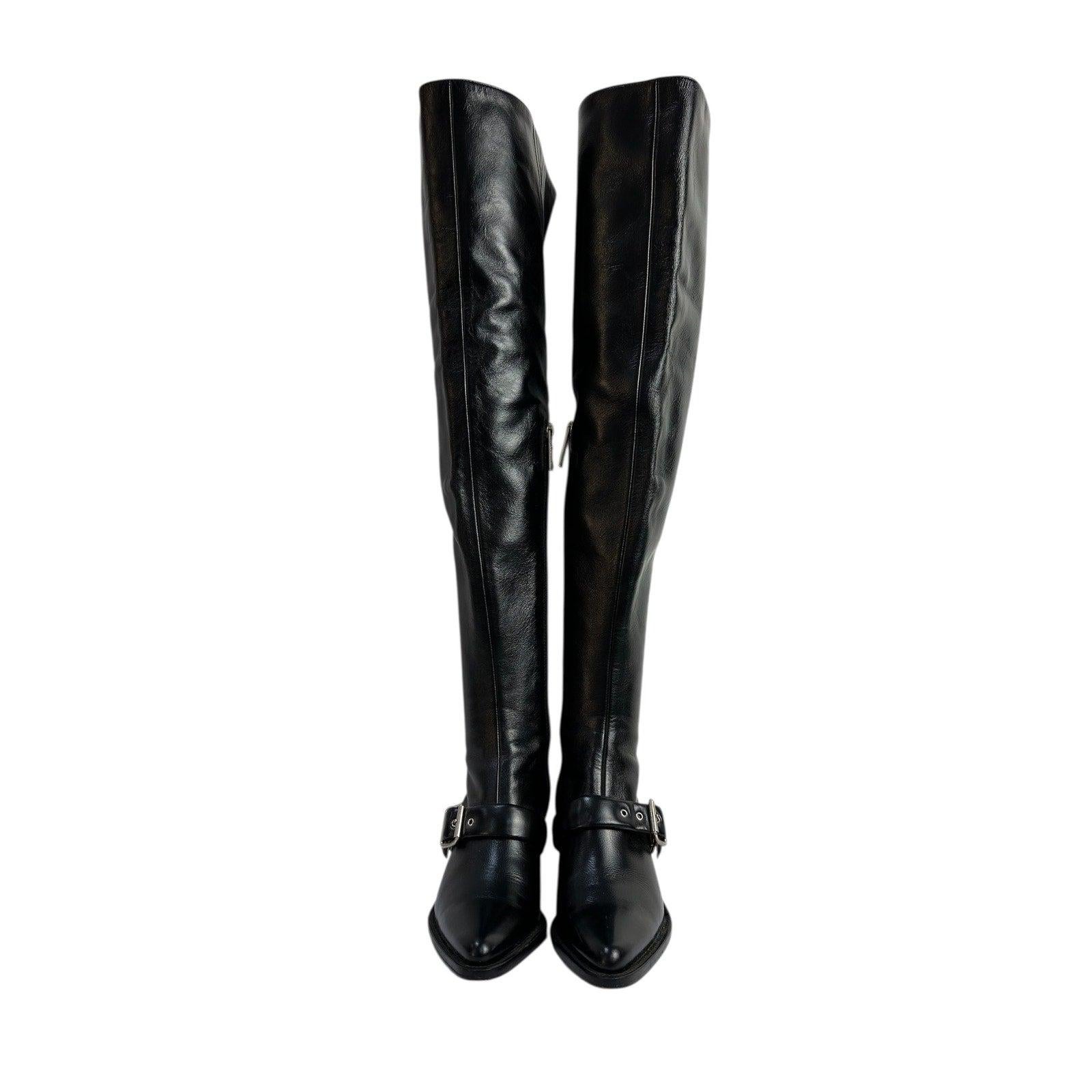 Noir Chloe Leather Over-the-Knee Buckle Block Heel Boots  36.5 en vente