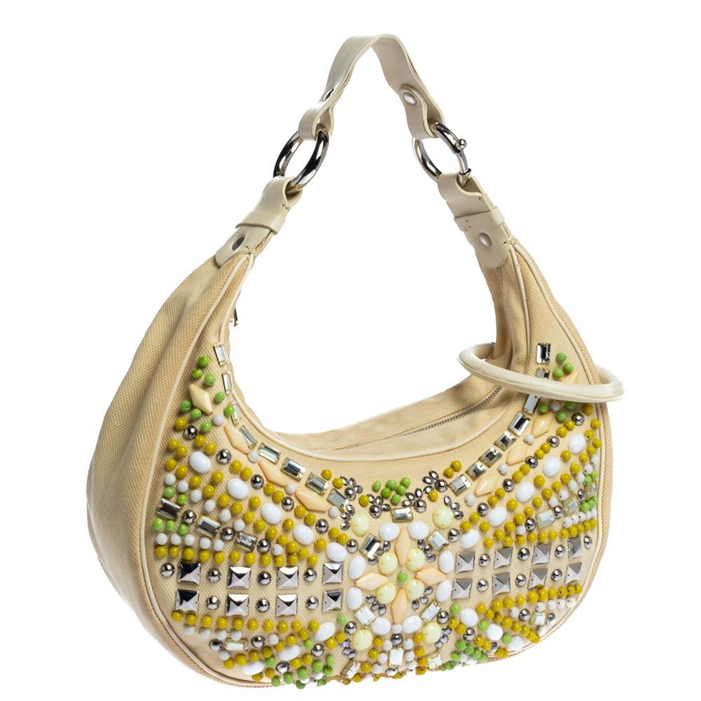 Chloe Light Beige Canvas and Leather Crystal Embellished Crescent Hobo In Fair Condition For Sale In Dubai, Al Qouz 2