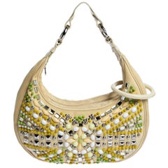 Chloe Light Beige Canvas and Leather Crystal Embellished Crescent Hobo