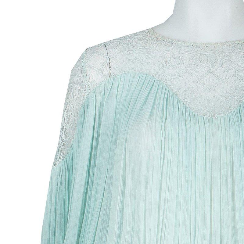 Chloe Light Blue Crinkled Chiffon Lace Detail Long Sleeve Maxi Dress S In Good Condition In Dubai, Al Qouz 2