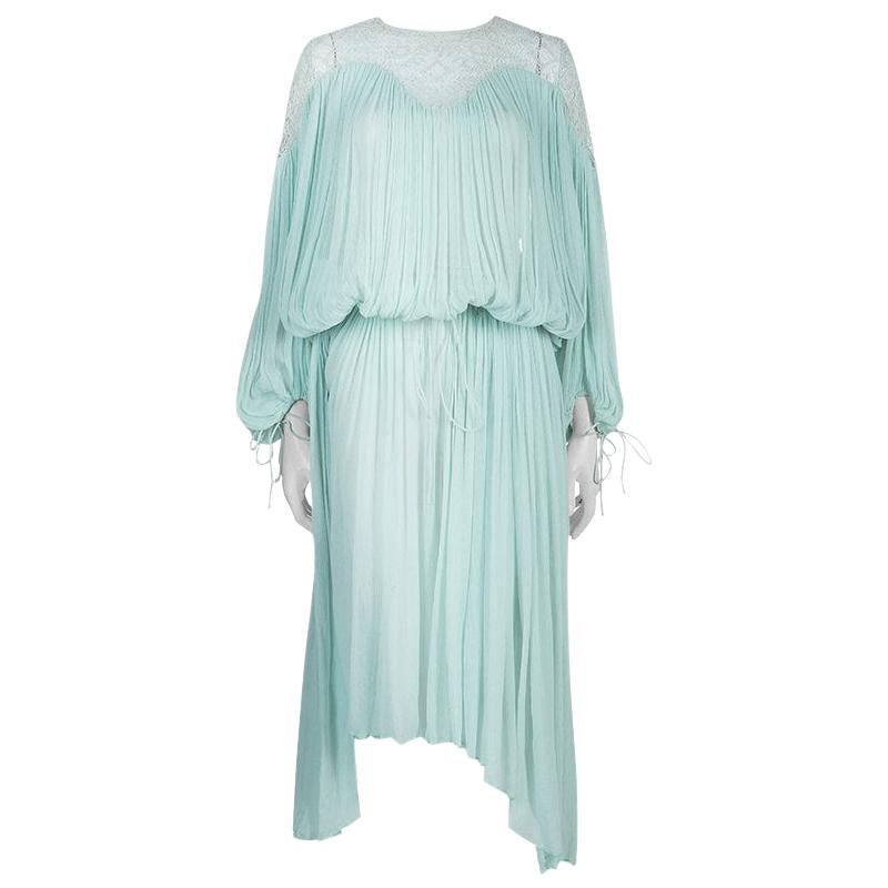Chloe Light Blue Crinkled Chiffon Lace Detail Long Sleeve Maxi Dress S