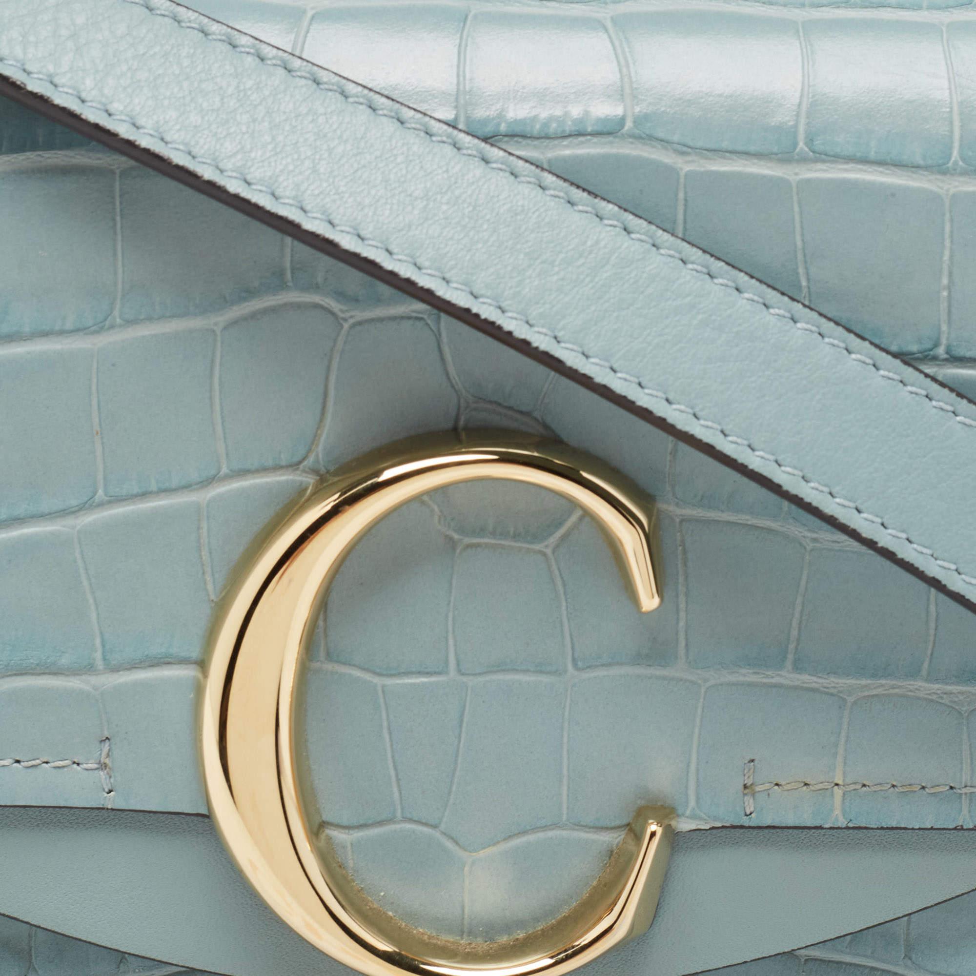 Chloe Light Blue Croc Embossed Leather Mini C Top Handle Bag 8