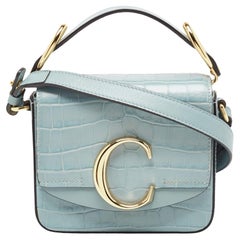 Chloe Light Blue Croc Embossed Leather Mini C Top Handle Bag