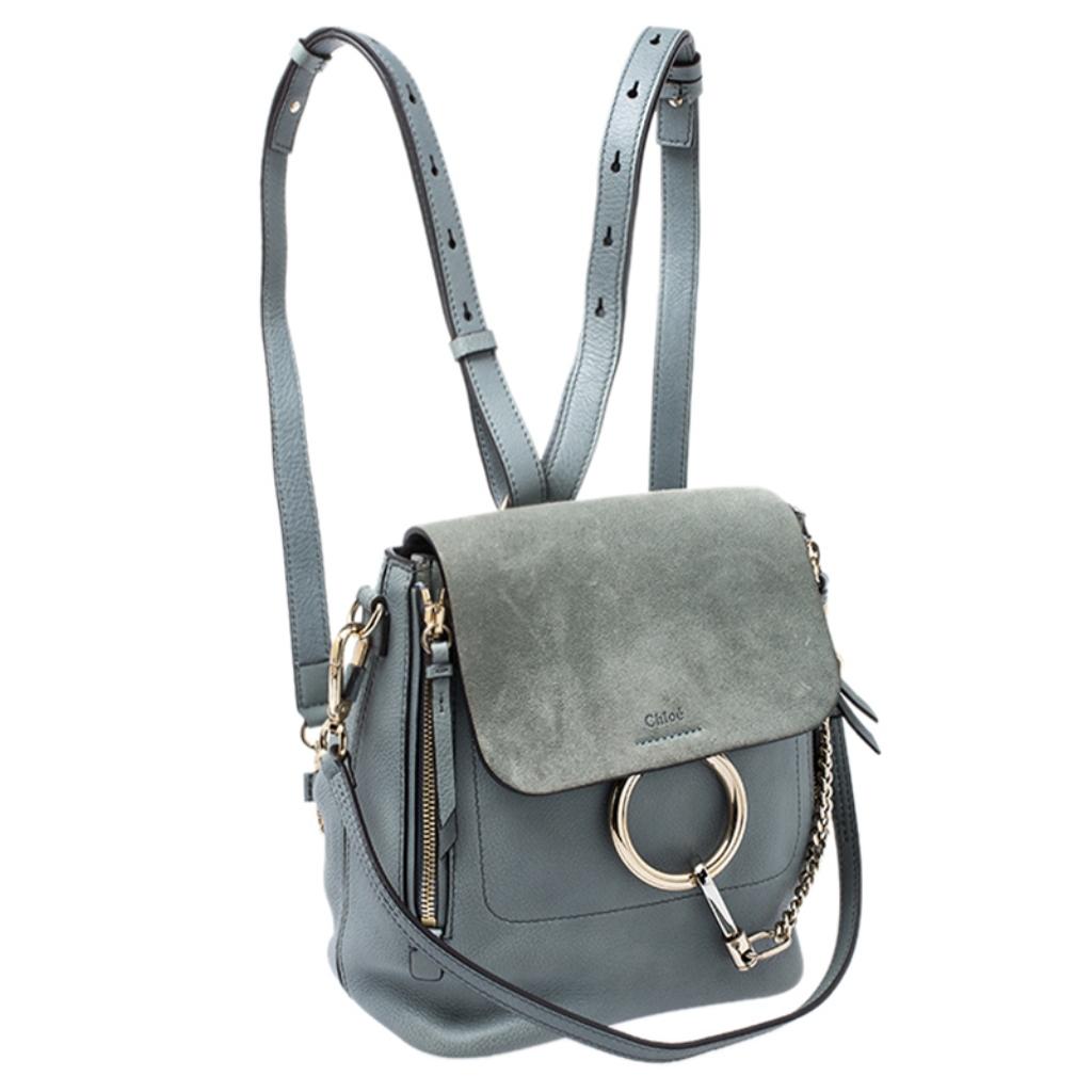 Chloe Light Blue Leather and Suede Small Faye Daye Backpack In Good Condition In Dubai, Al Qouz 2