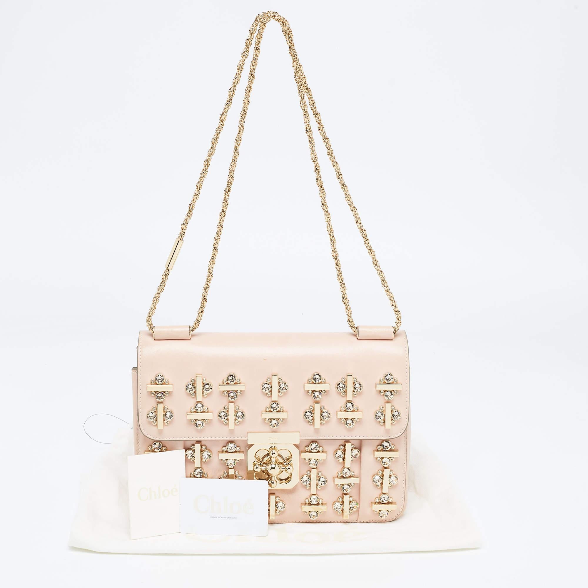 Chloe Light Pink Leather Medium Crystals Embellished Elsie Shoulder Bag 15