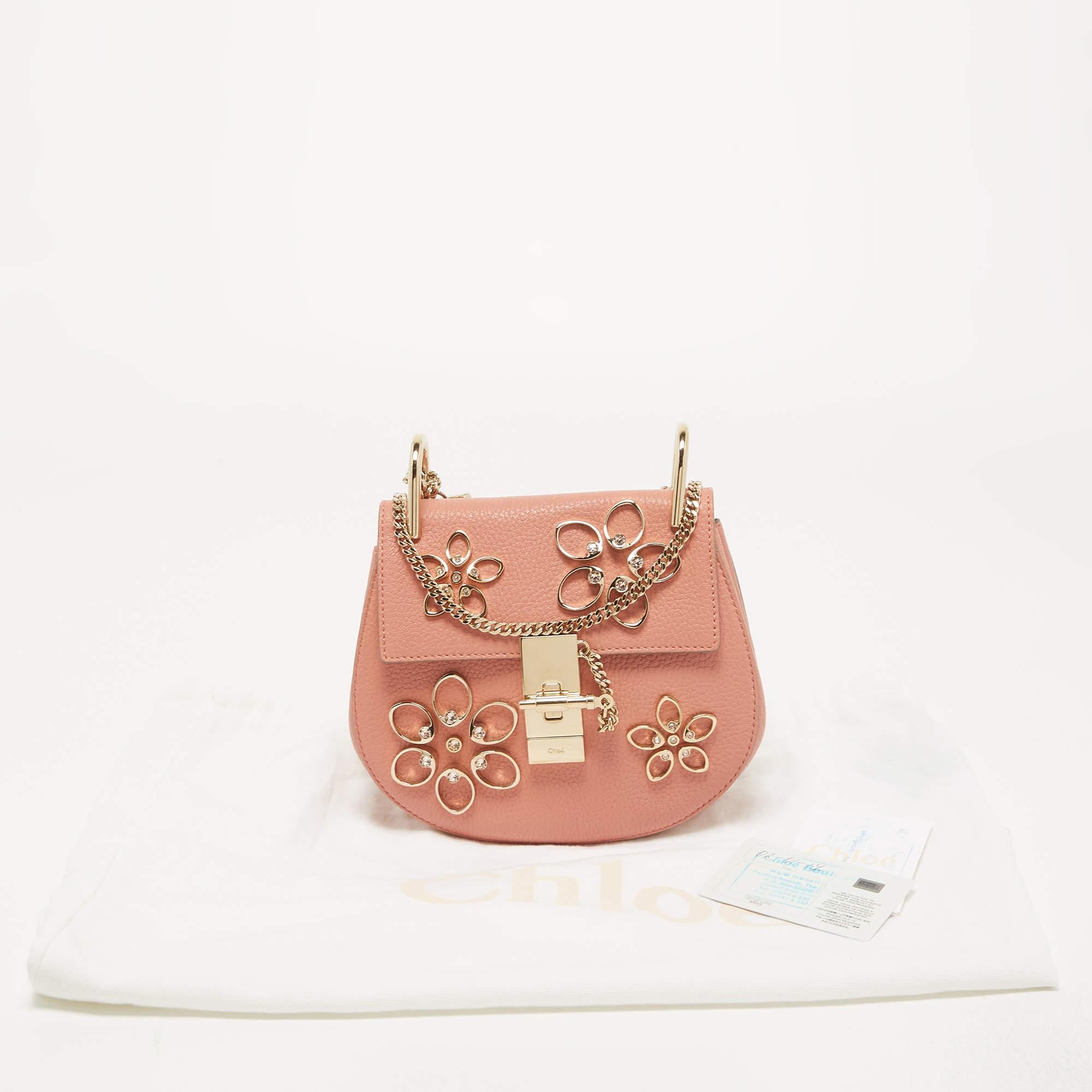 Chloe Light Pink Leather Small Crystal Flower Embellished Drew Shoulder Bag 7