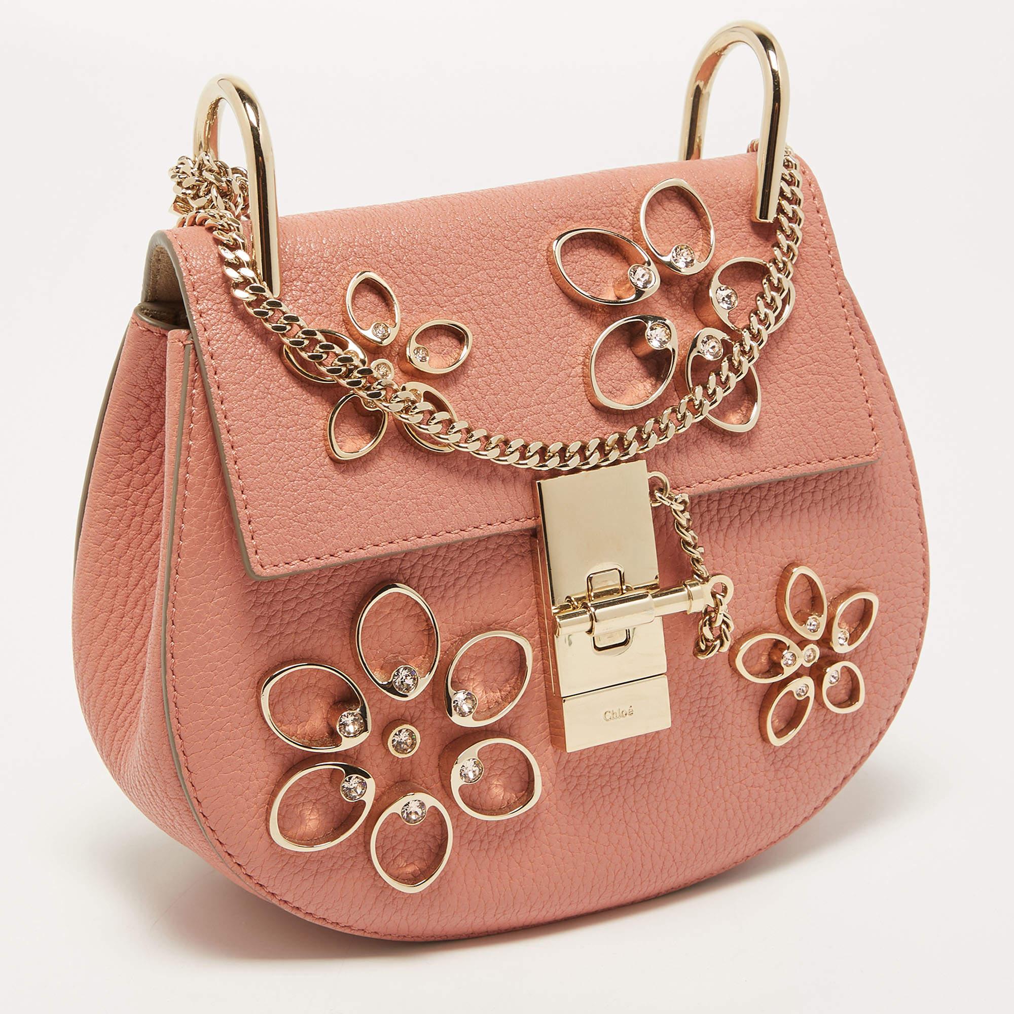 Women's Chloe Light Pink Leather Small Crystal Flower Embellished Drew Shoulder Bag