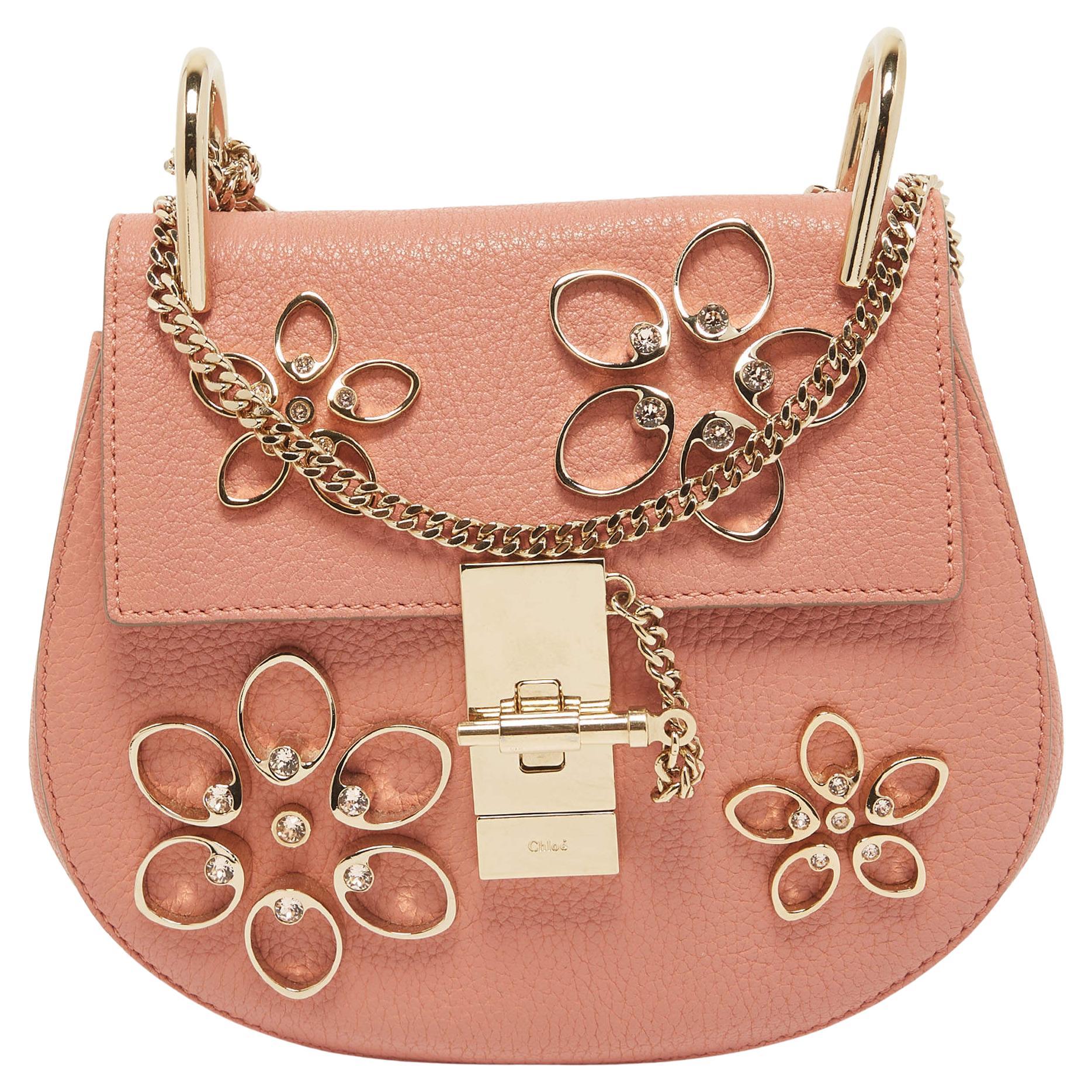 Chloe Light Pink Leather Small Crystal Flower Embellished Drew Shoulder Bag