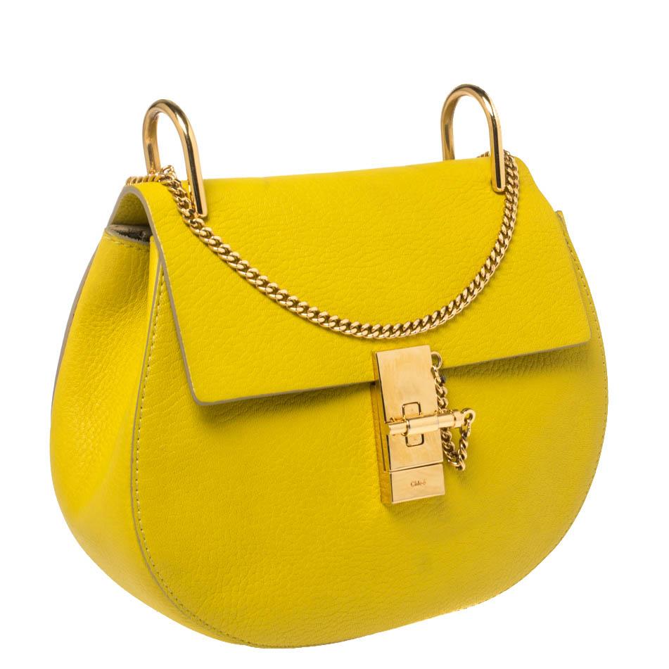 Chloe Lime Yellow Leather Medium Drew Shoulder Bag In Good Condition In Dubai, Al Qouz 2