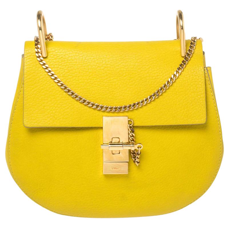 Chloe Lime Yellow Leather Medium Drew Shoulder Bag