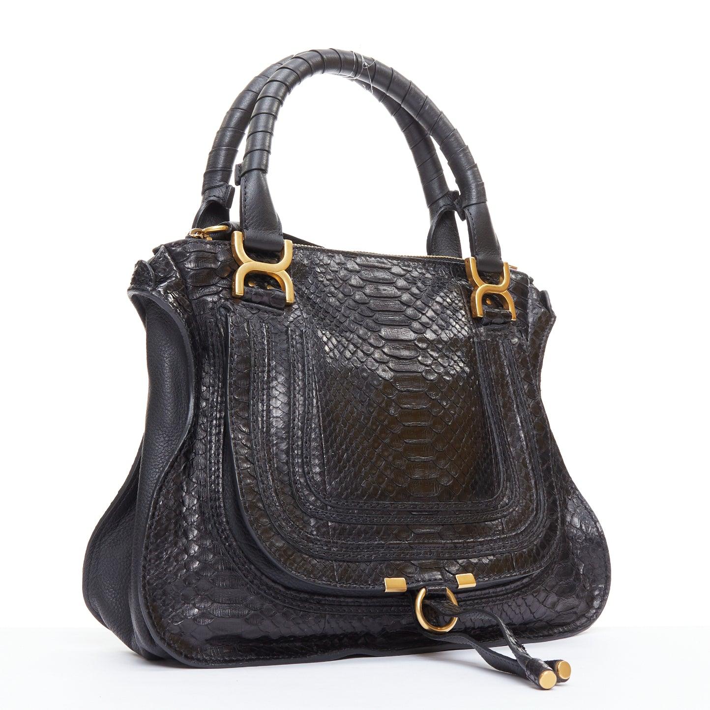 Black CHLOE Marcie black scaled leather gold hardware satchel bag For Sale