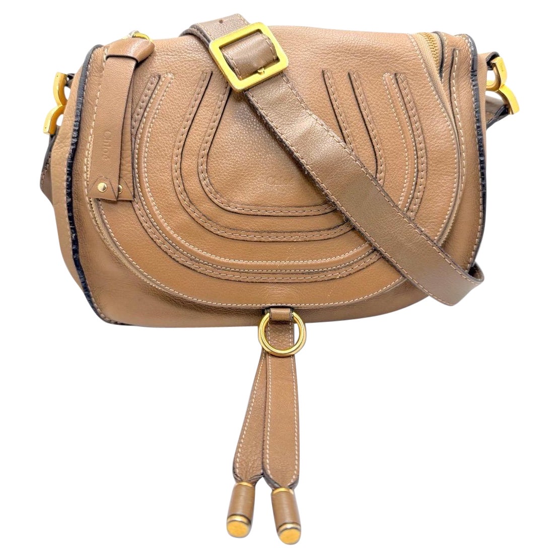 Chloé Marcie Medium Saddle Crossbody Bag in Tan Pebbled Leather