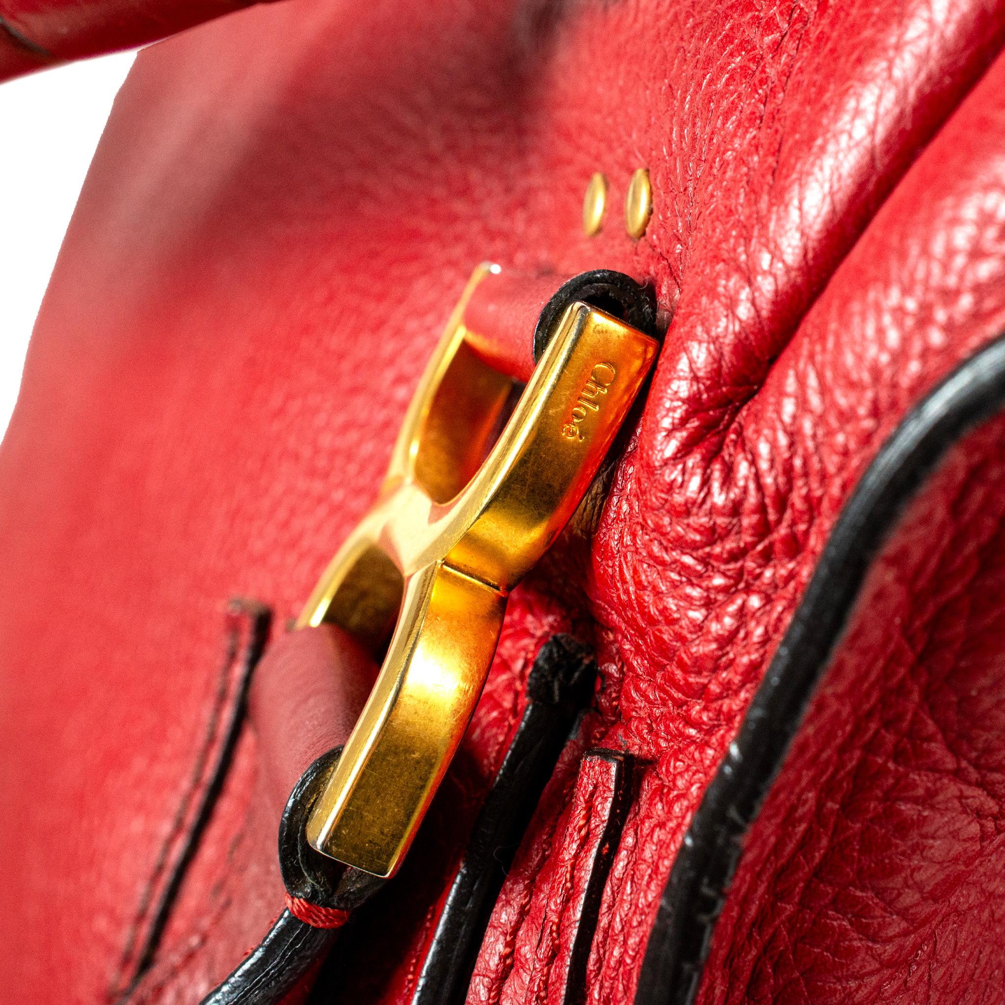 Chloé Marcie, borsa a tracolla in pelle rossa con finiture in oro, con manico in alto in vendita 9