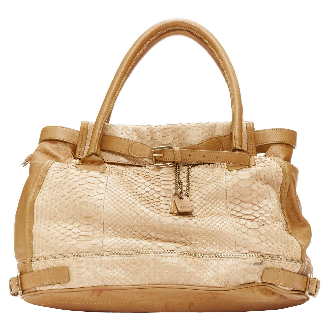 CHLOE Marlow Dune tan scaled leather logo army tag belted top handle bag