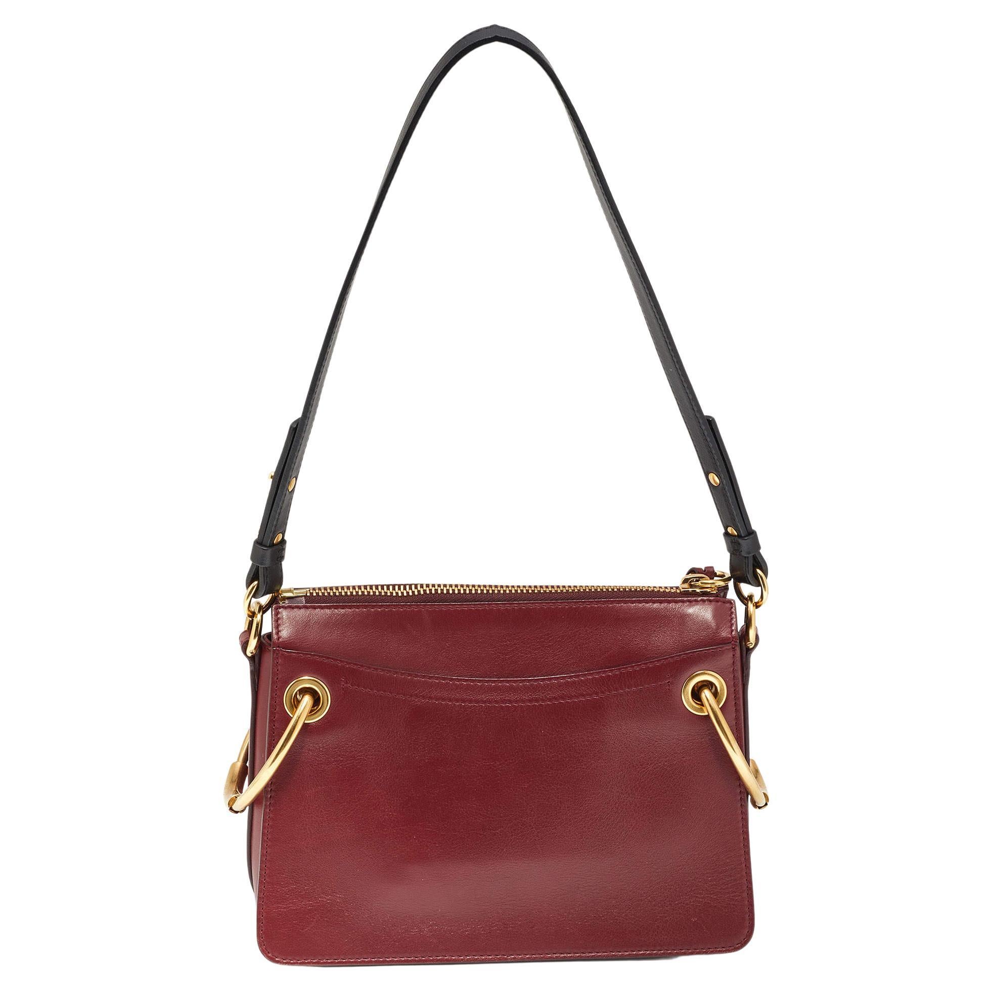 Chloe Maroon Leather and Suede Small Roy Shoulder Bag