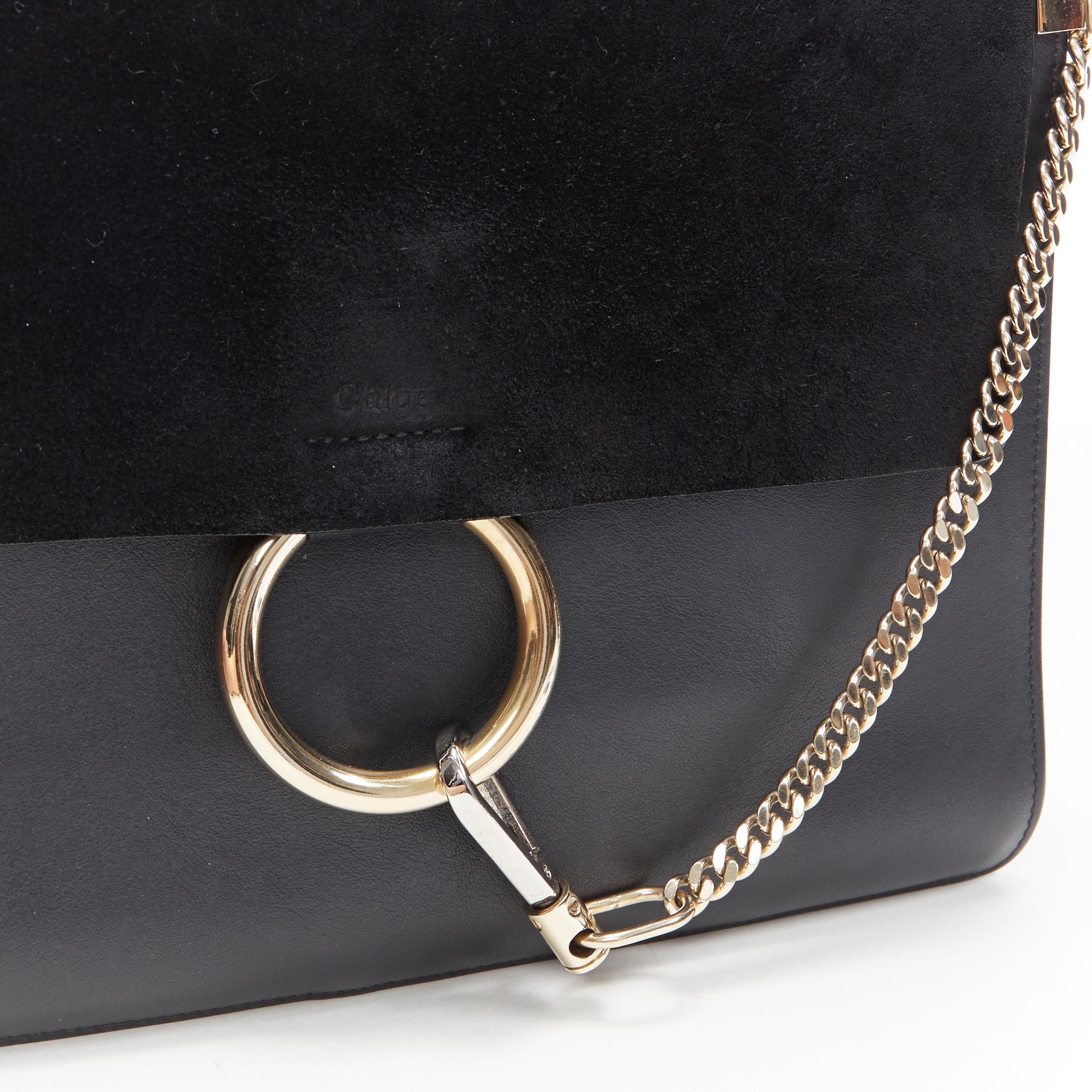 CHLOE Medium Faye black suede flap gold loop chain hardware shoulder bag In Excellent Condition In Hong Kong, NT
