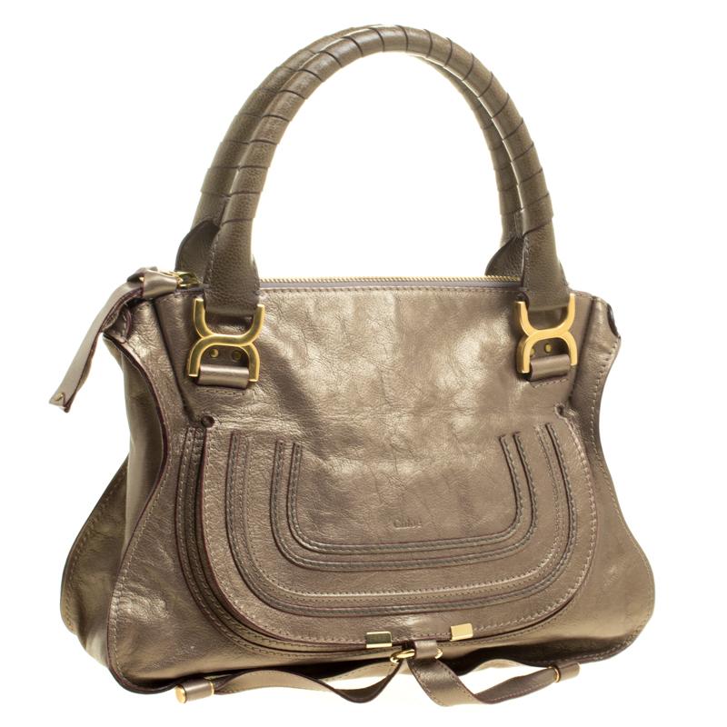 Women's Chloe Metallic Dark Beige Leather Medium Marcie Satchel