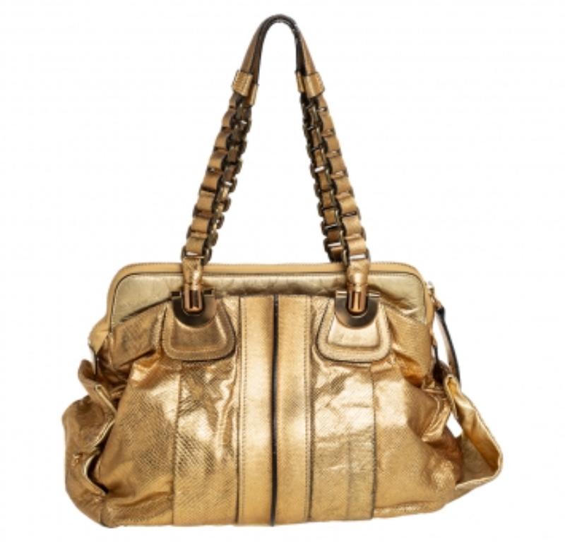 Brown Chloé Metallic Gold Embossed Leather Heloise Satchel For Sale