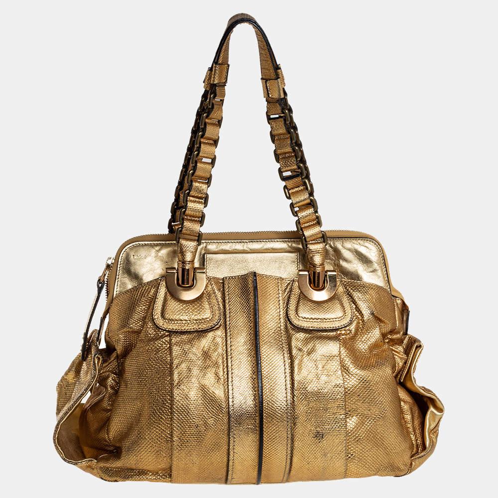 Chloé Metallic Gold Embossed Leather Heloise Satchel For Sale 2