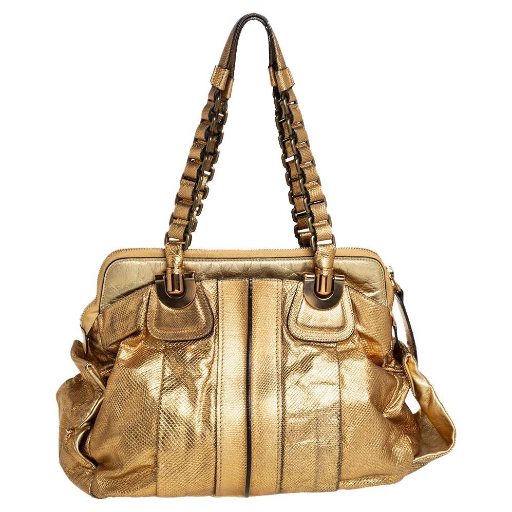 Chloé Metallic Gold Embossed Leather Heloise Satchel For Sale