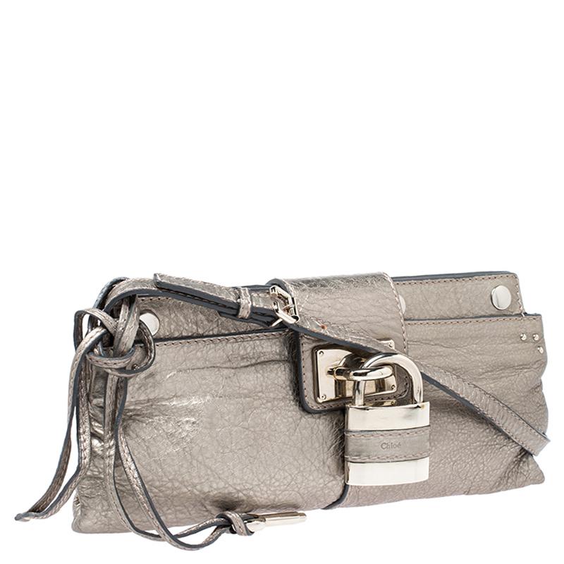 Gray Chloe Metallic Gold Leather Padlock Chain Clutch