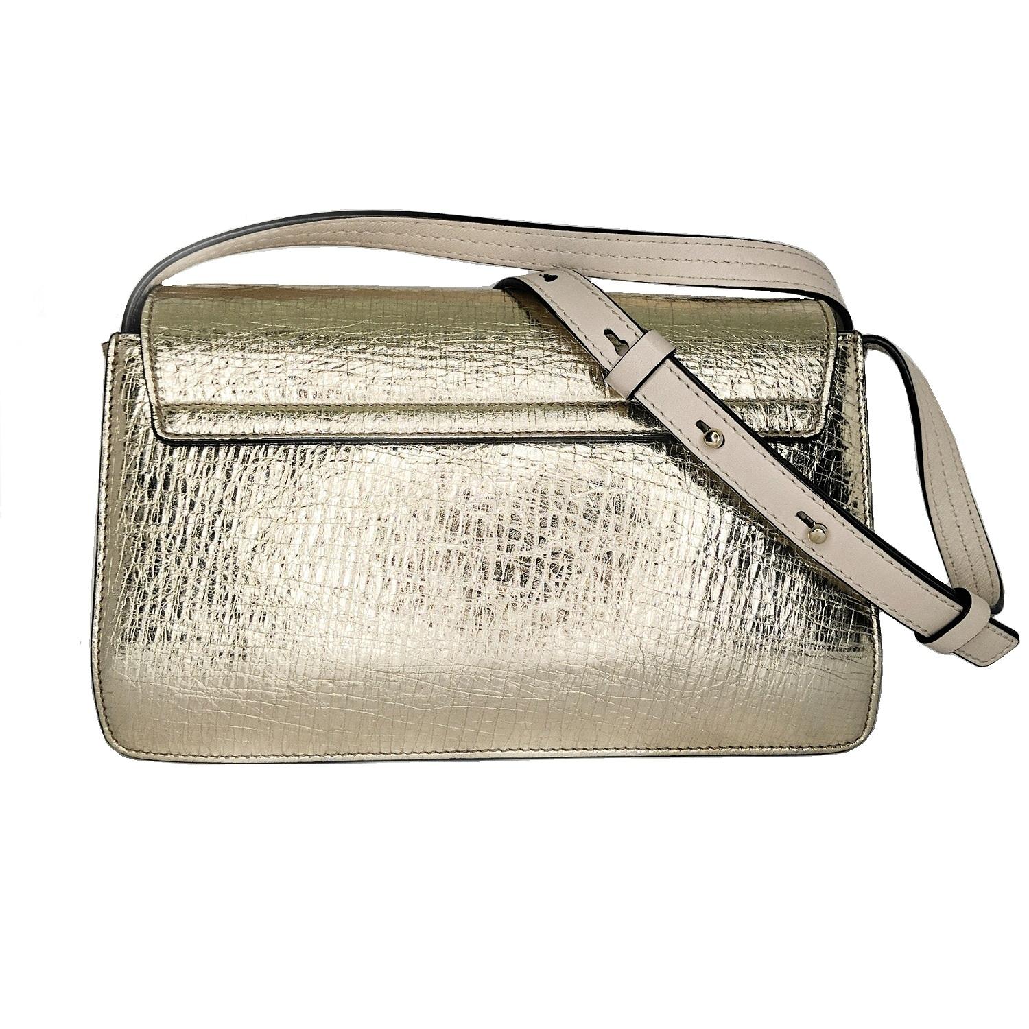 Metallic gold leather Chloé Small Faye crossbody bag with multi-tonal hardware, single flat shoulder strap, tonal suede trim, three interior compartments, beige suede lining, single slit pocket at interior wall and magnetic snap closure at front