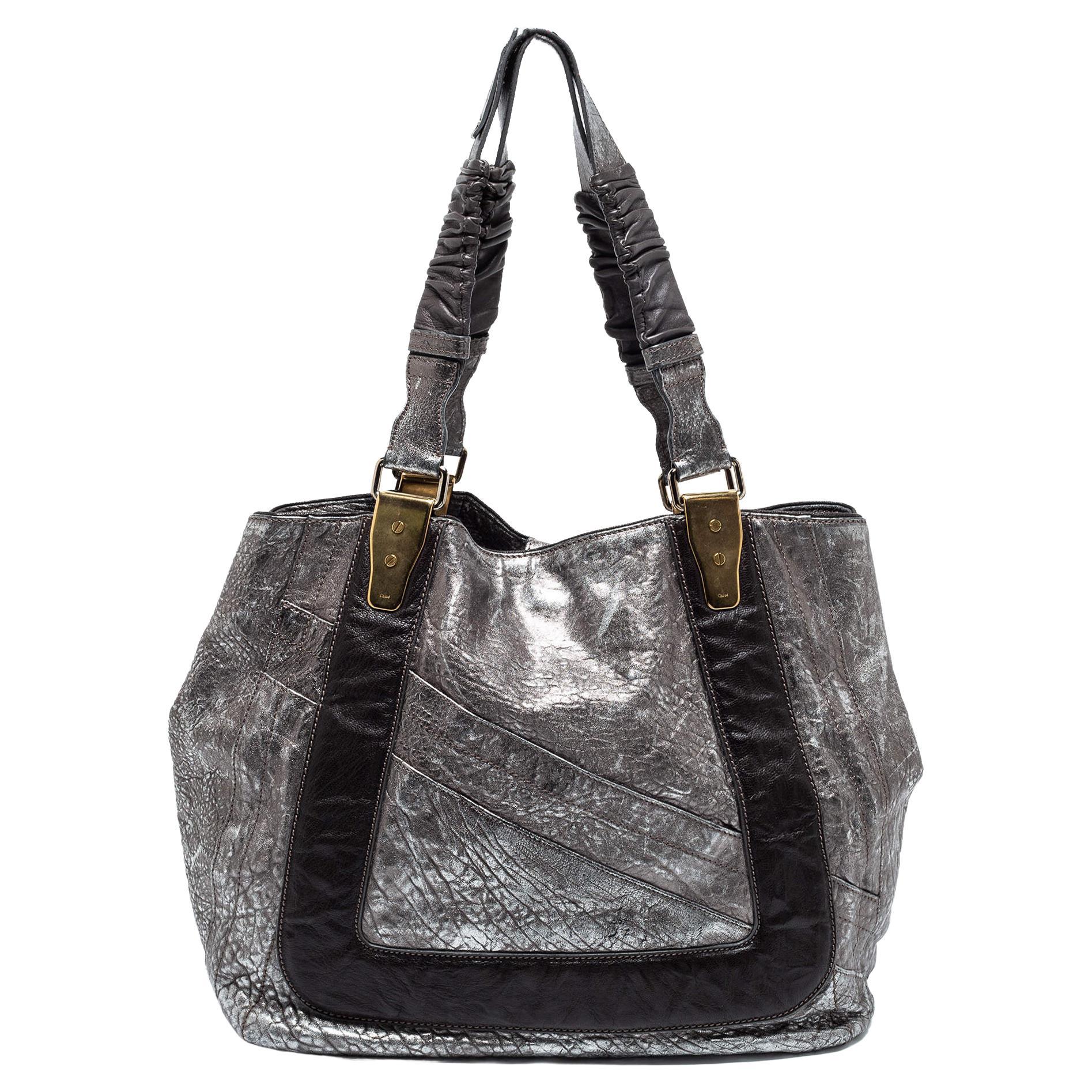 Chloe Metallic Grey Pebbled Leather Shopper Tote