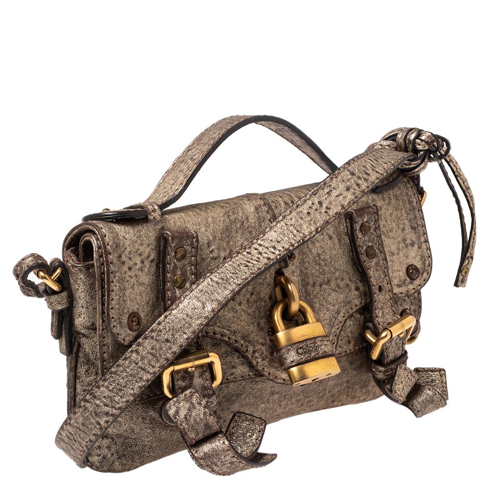 Brown Chloe Metallic Leather Paddington Flap Mini-Messenger Bag
