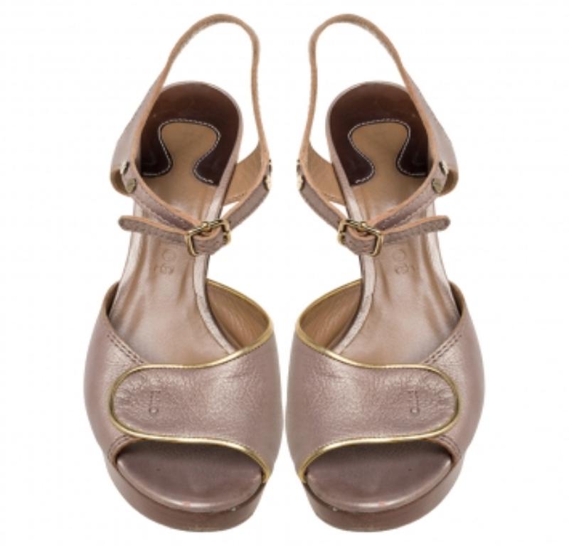 Brown Chloe Metallic Peep Toe Ankle Strap Wooden Wedge Platform Sandals Size 37 For Sale