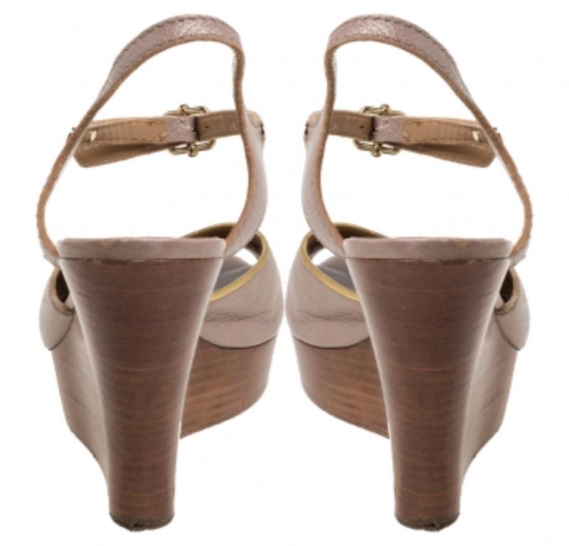 Chloe Metallic Peep Toe Ankle Strap Wooden Wedge Platform Sandals Size 37 For Sale 1