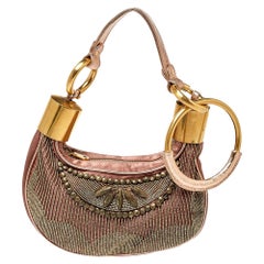 Chloe Metallic Pink Beaded Satin Ring Handle Hobo