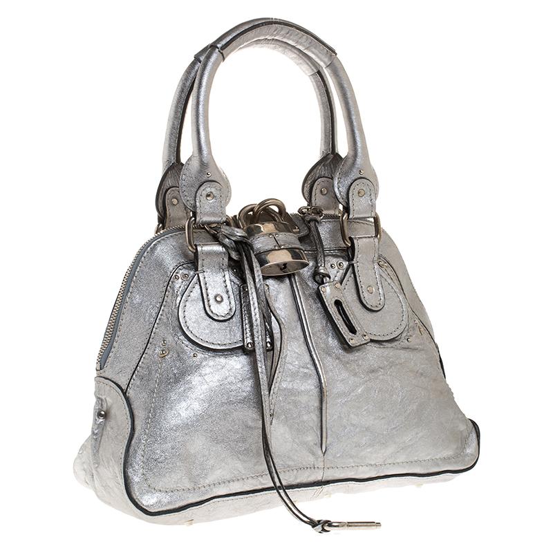 Große Paddington Umhängetasche aus Leder in Metallic-Silber Damen