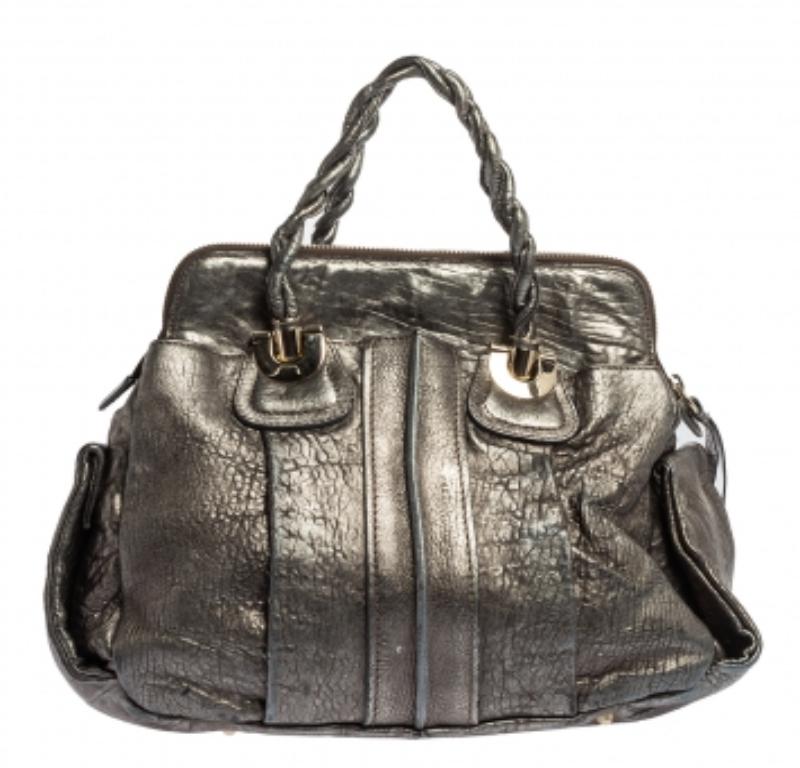 Black Chloe Metallic Textured Leather Heloise Satchel For Sale