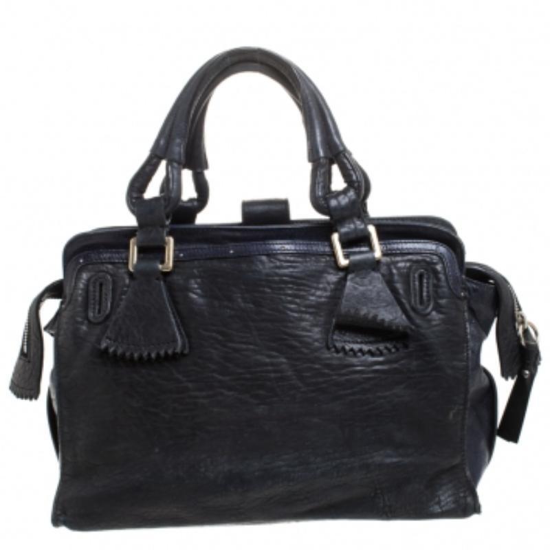 Chloe Midnight Blue Leather Front Pocket Tote Negro en venta