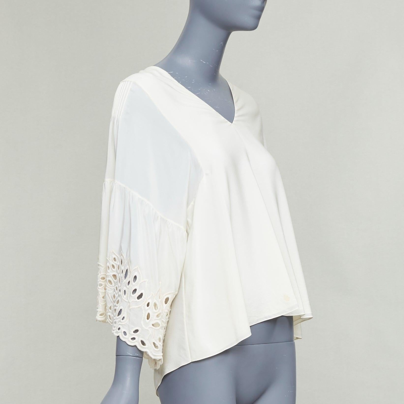 Grigio CHLOE crema latte 100% seta cotone pizzo occhiello bordo contadino camicetta FR34 XS in vendita