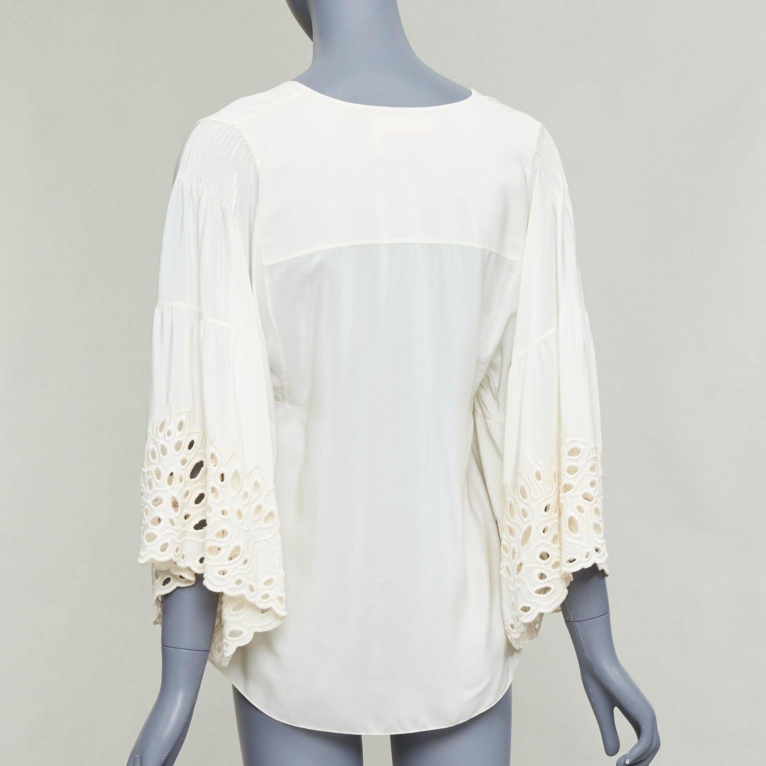 Donna CHLOE crema latte 100% seta cotone pizzo occhiello bordo contadino camicetta FR34 XS in vendita