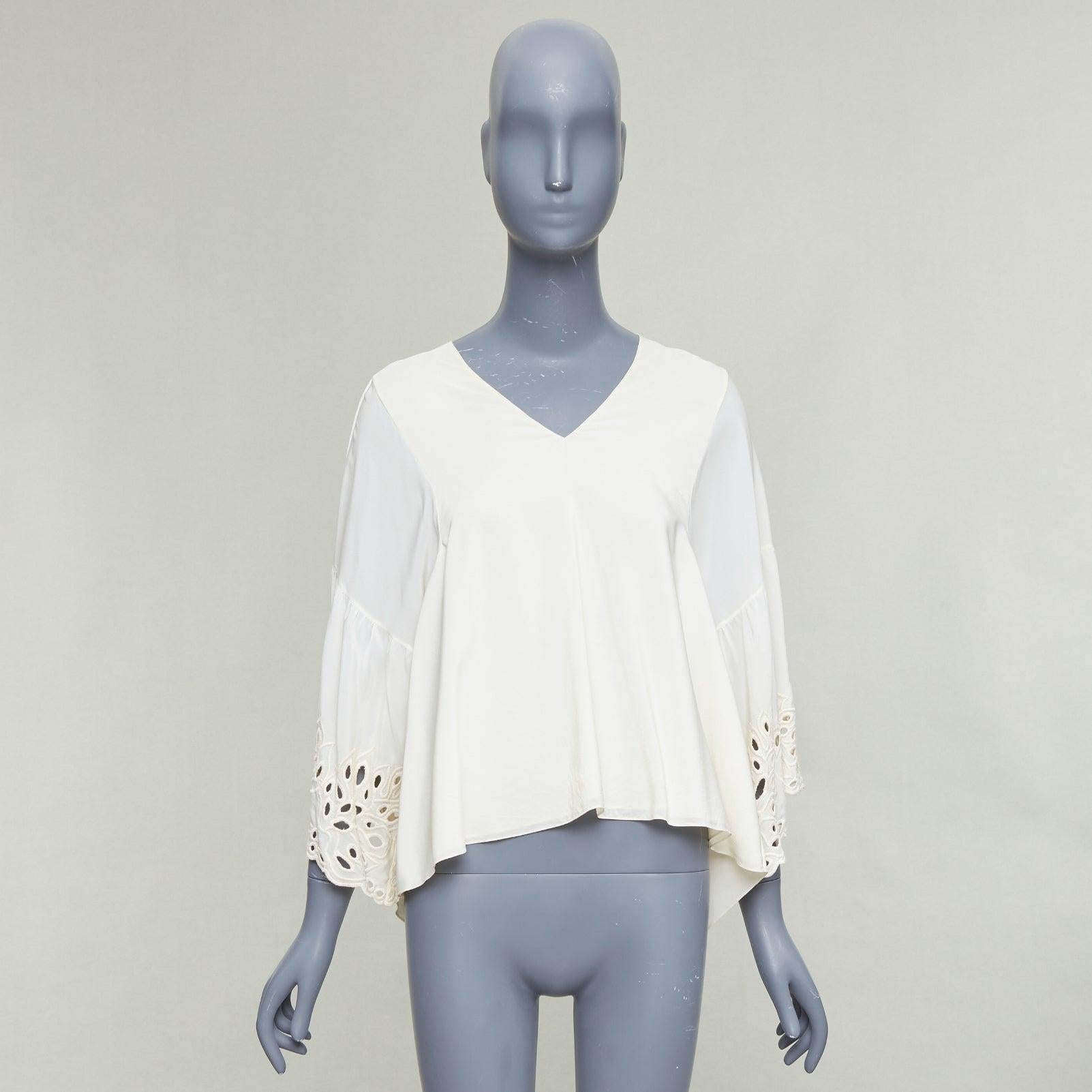 CHLOE crema latte 100% seta cotone pizzo occhiello bordo contadino camicetta FR34 XS in vendita 4