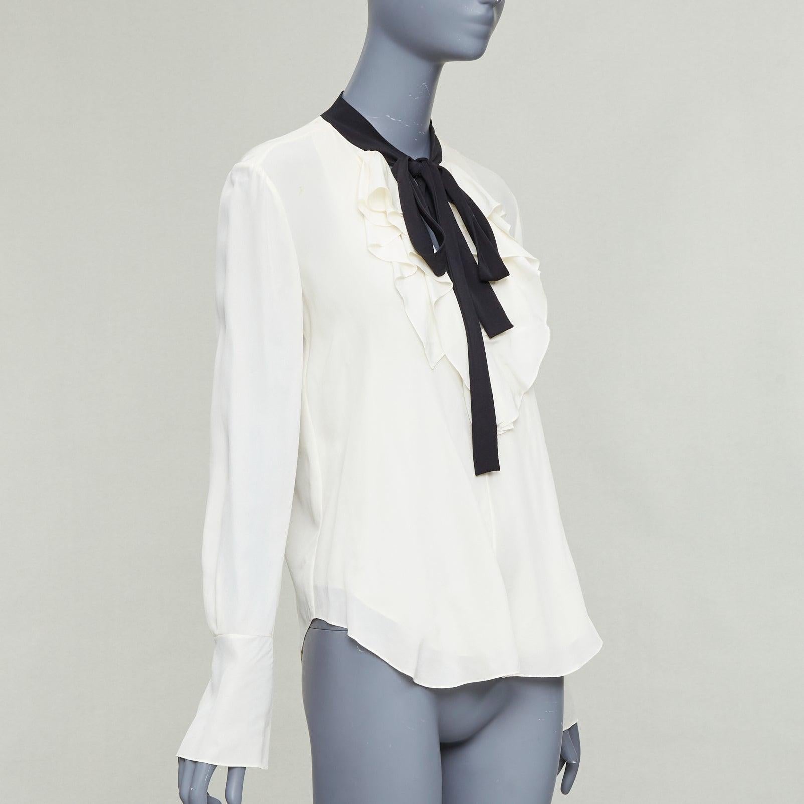 Noir CHLOE milk cream black 100% silk ruffled peasant blouse tie neck FR36 S en vente