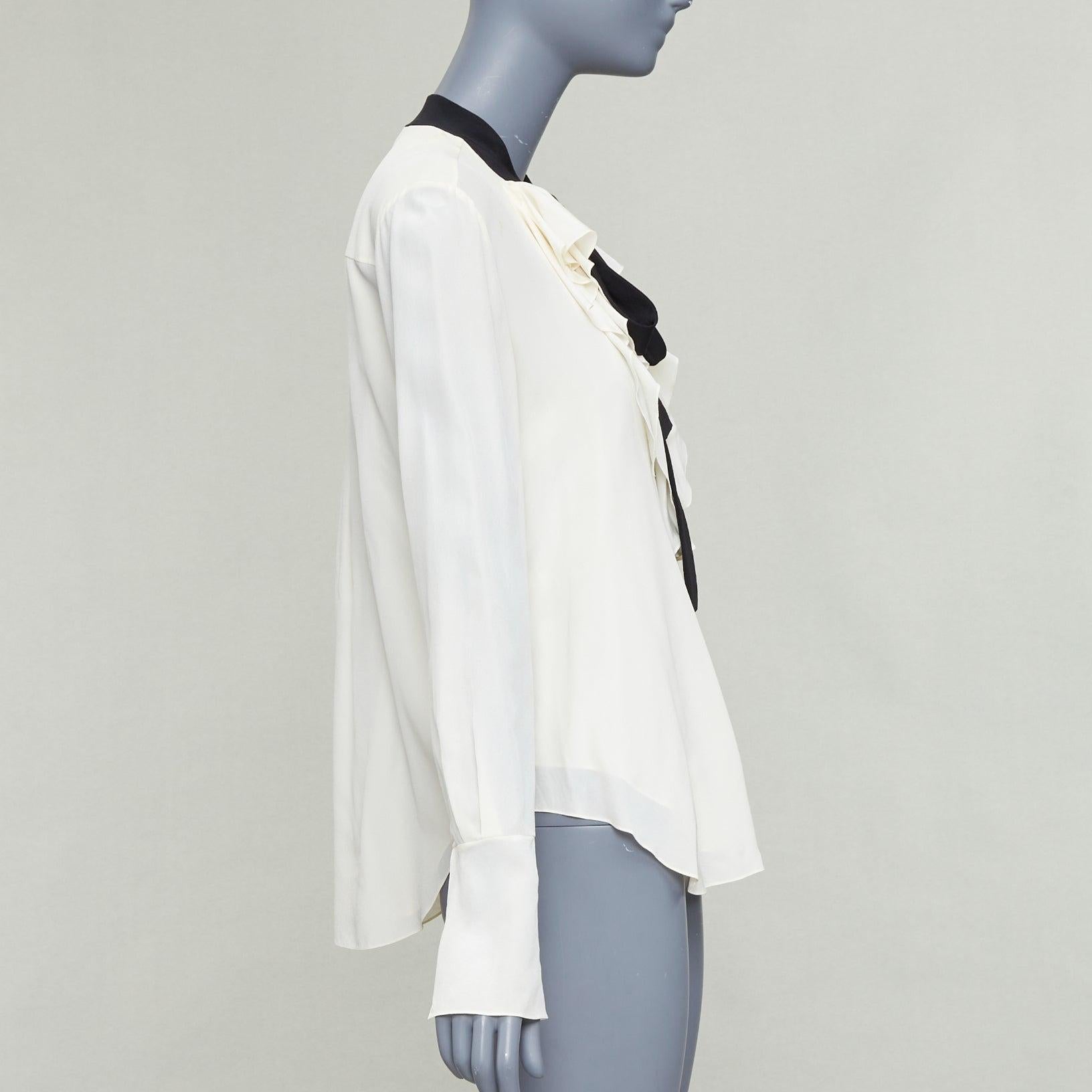 CHLOE milk cream black 100% silk ruffled peasant blouse tie neck FR36 S Bon état - En vente à Hong Kong, NT